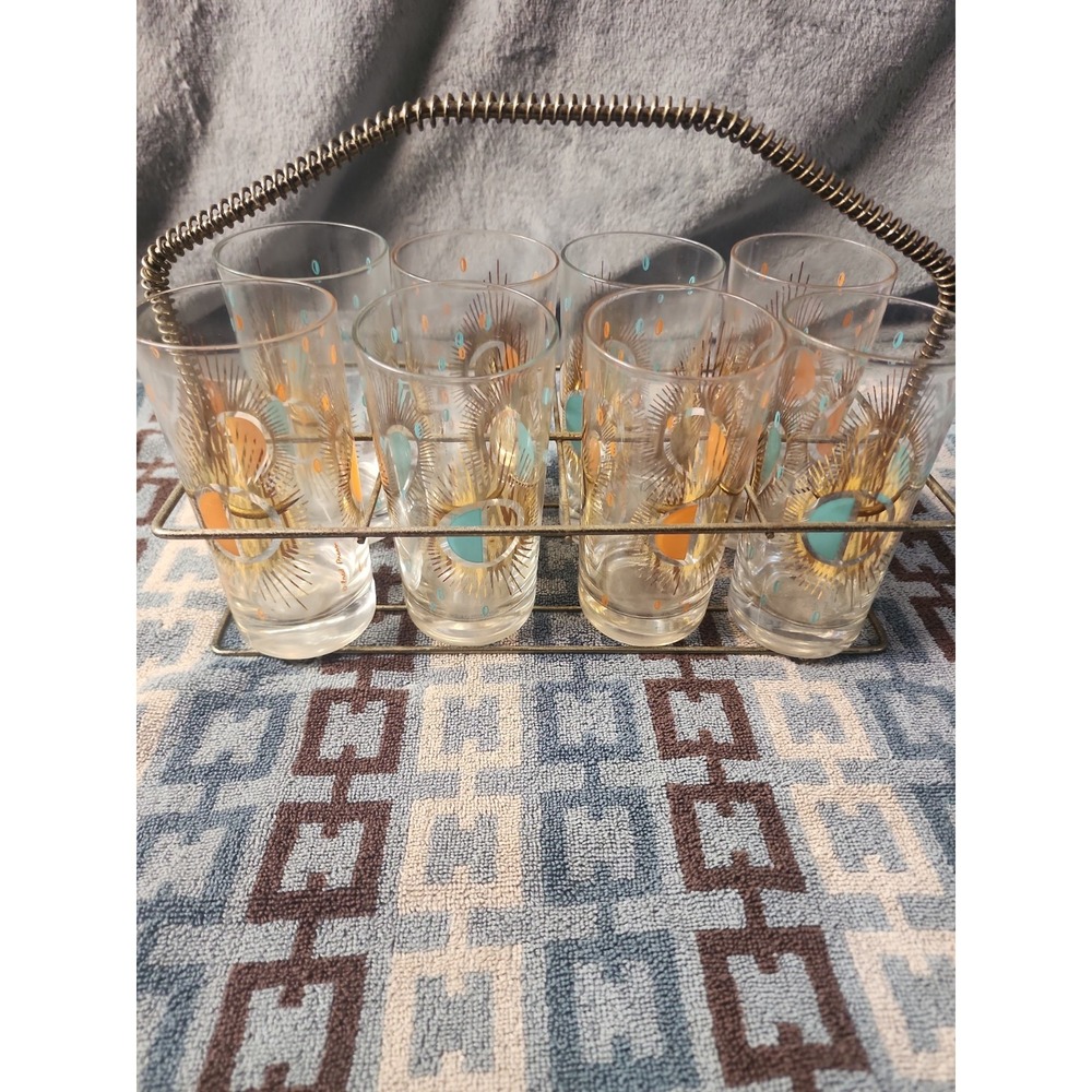 Fred Press Atomic Golden Starburst Highball Glasses Caddy Set Mid Century Modern